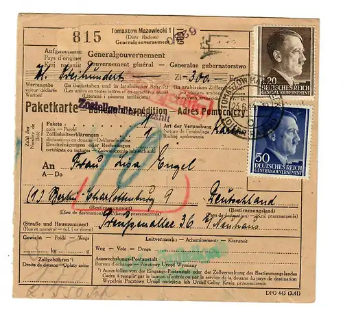 Generalgouvernement GG Ausland Wert Paketkarte Tomaszow nach Charlottenburg,1944