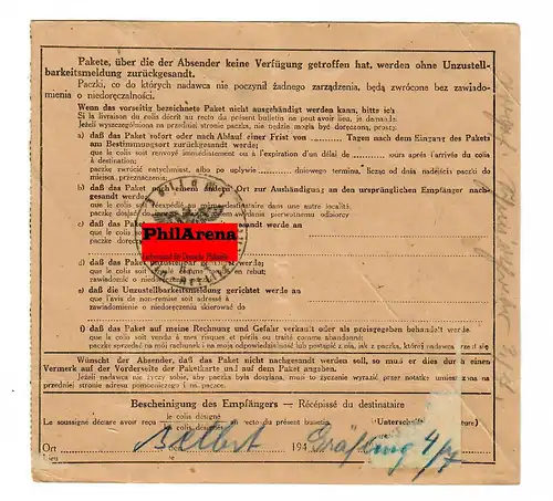 Gouvernement général GG International Valeur Carte de colis Tomaszow vers Charlottenburg,1944