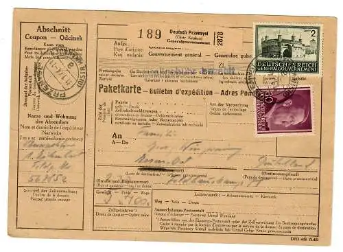 Gouvernement général GG Carte de colis étranger allemand Przemysl - Essen-Est, 1944