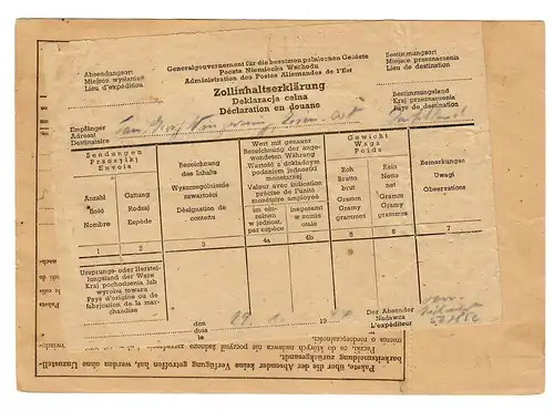 Generalgouvernement GG Ausland Paketkarte Deutsch Przemysl - Essen-Ost, 1944