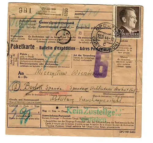 Gouvernement général GG International Carte de colis Opoczno vers Spandau, 1944