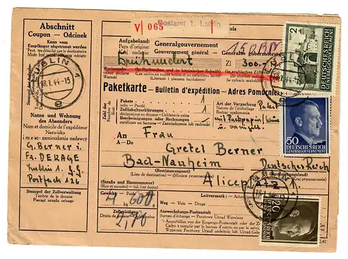Generalgouvernement GG Ausland Wert-Paketkarte Lublin - Bad Nauheim, 1944