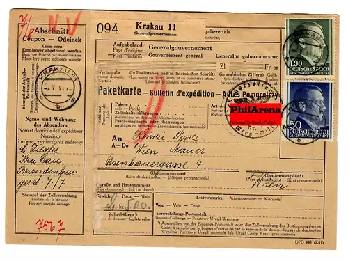 Generalgouvernement GG Ausland Paketkarte Krakau 11 nach Wien, 1944