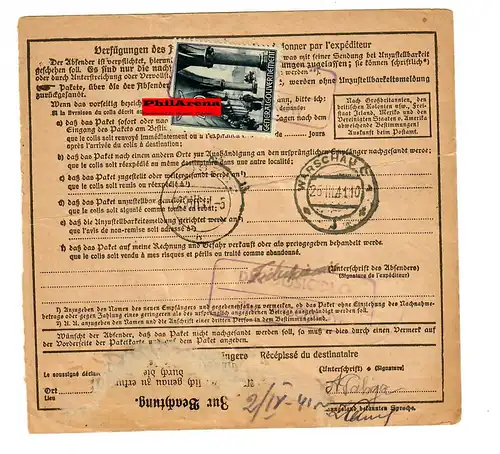 Generalgouvernement GG Ausland Paketkarte Sosnowitz nach Ostrow Maz, 1941