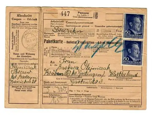 Generalgouvernement GG Ausland Paketkarte Parcew nach Kräben, 1944