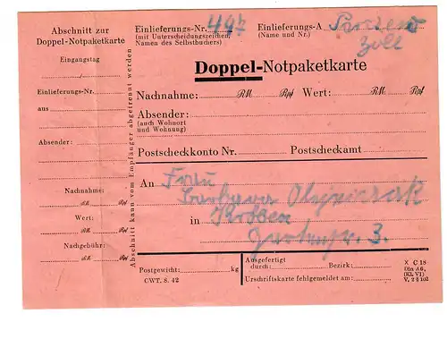 Generalgouvernement GG Ausland Paketkarte Parcew nach Kräben, 1944
