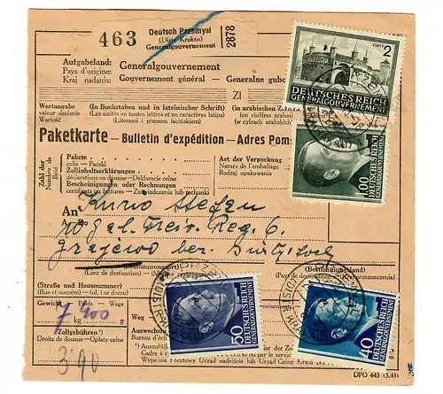 Gouvernement général GG: Forfait étranger Carte vers Grzjewo 1943, 10. Libre Rég. 6