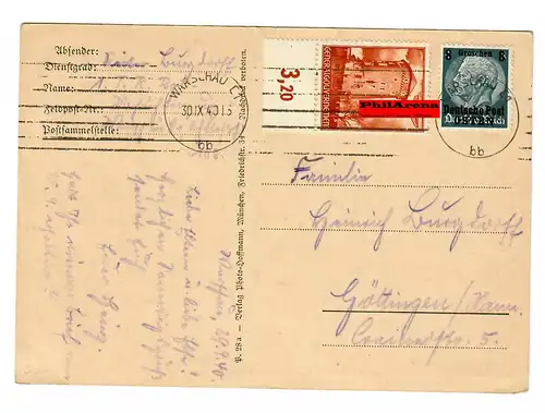 Gouvernement général GG: Carte postale Bleu sur le front Est, Varsovie 1940