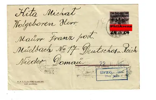 Generalgouvernement GG: Ganzsache U1 Postagentur Brzostek über Jaslo - Wien 1941