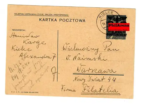 Generalgouvernement GG: Ganzsache P3II 07, 1940 von Kielce nach Warschau