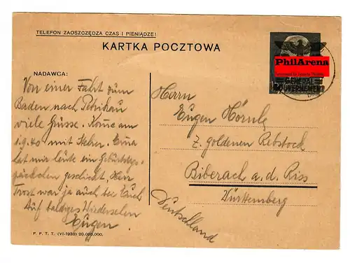 Generalgouvernement GG: Ganzsache P3II 08, Petrikau - Biberach