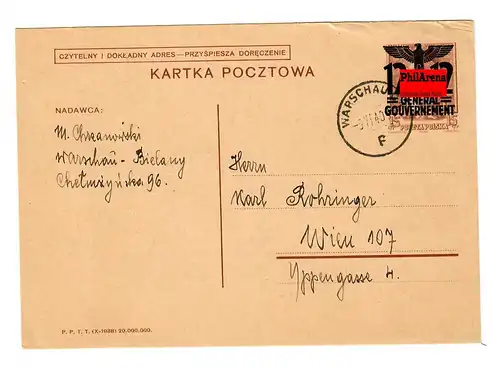 Generalgouvernement Ganzsache GG: P4 Text 01, Warschau-Bielany nach Wien, 1940