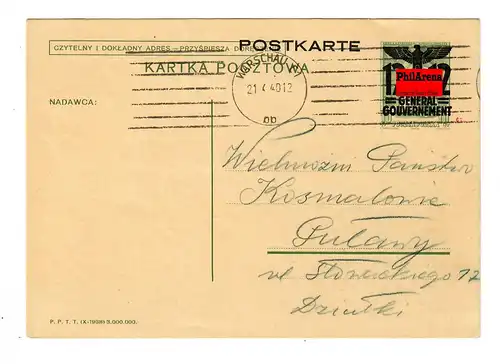 Generalgouvernement Ganzsache GG P6 II Text 01, Warschau nach Pulawy, 1940