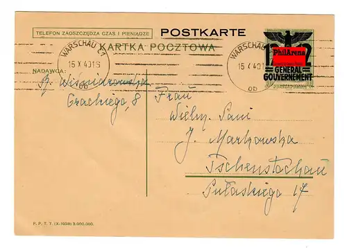 Generalgouvernement Ganzsache GG P6 II Text 08 Warschau nach Tschenstochau, 1940