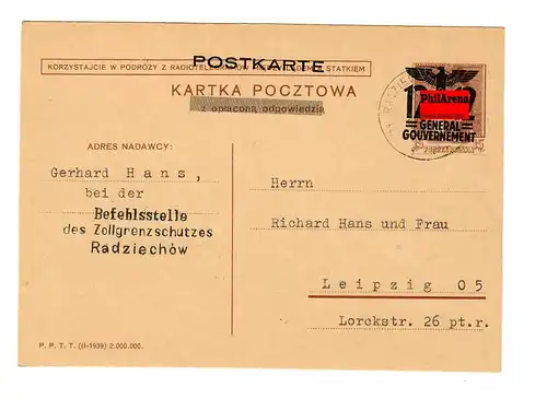 Generalgouvernement Ganzsache GG P7 Frage, Text 02: Radziechow - Leipzig 1940