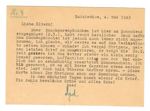 Generalgouvernement Ganzsache GG P7 Frage, Text 02: Radziechow - Leipzig 1940