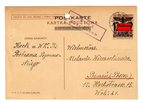 Generalgouvernement Ganzsache GG P7 Frage, Text 04: Kock/Lukow nach Posen 1940