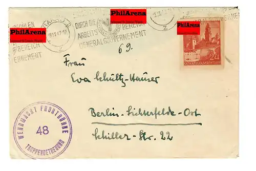 Generalgouvernement GG: Ganzsachen-Ausschnitt auf Brief von Krakau nach Berlin