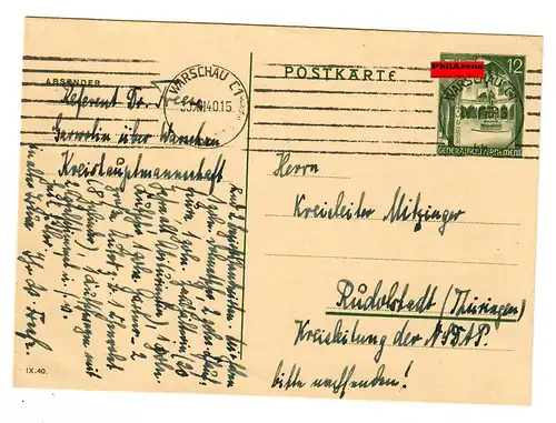 Generalgouvernement GG: Ganzsache P8: Warschau nach Rudolstadt 1940