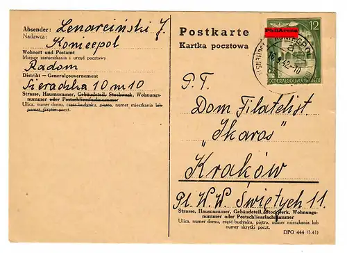 Generalgouvernement GG: Postkarte, frankiert mit Ganzsachen-Ausschnitt 1942