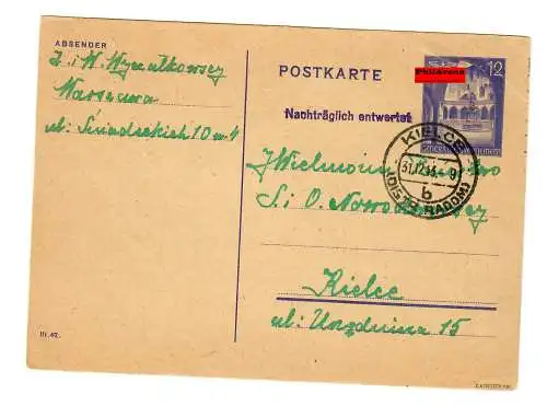 Generalgouvernement GG: Ganzsache P12/02: Warschau-Kielce, 31.12.1943