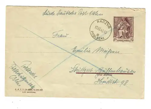 Generalgouvernement GG: poln. Ganzsachenumschlag Radzyn nach Stuttgart 1940