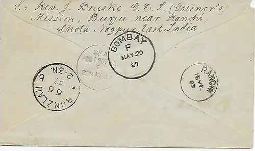 Indien: Missionsbrief nach Bunzlau, Schlesien, 1887 Mission Burju/Ranchi