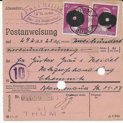 Sächsische Schärzung Thum auf Postanweisung nach Chemitz 9.7.45