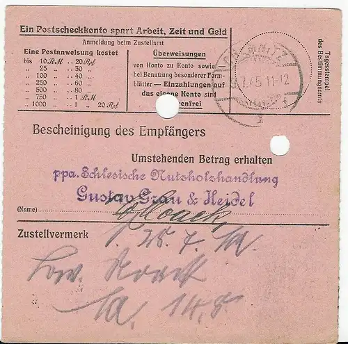 Sächsische Schärzung Thum auf Postanweisung nach Chemitz 9.7.45