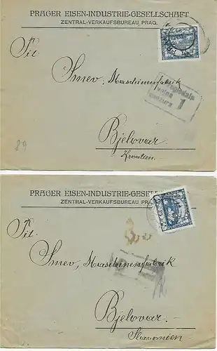 2x Briefe der Prager Eisen-Industrie-Gesellschaft Prag nach Bjelovar
