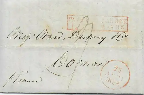 USA: Transatlantische Post USA - Frankeich Cognac, 1828, "P. France"