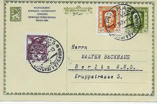 Prag 1925: Olympischer Kongress auf Karte nach Berlin