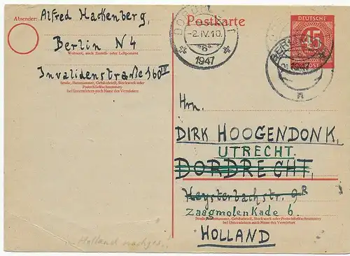 Ganzsache P955: Berlin 21.3.47 nach Utrecht/Dordrecht