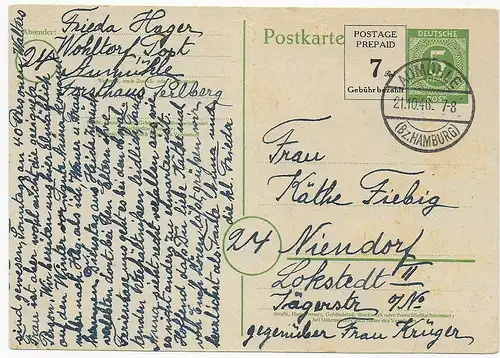 Ganzsache P959: Aumühle nach Niendorf, 21.10.46, portogerechte Fernkarte