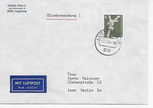 Lettre postale aérienne: Envoi d'aveugles d ' Augsbourg 1984 à Berlin