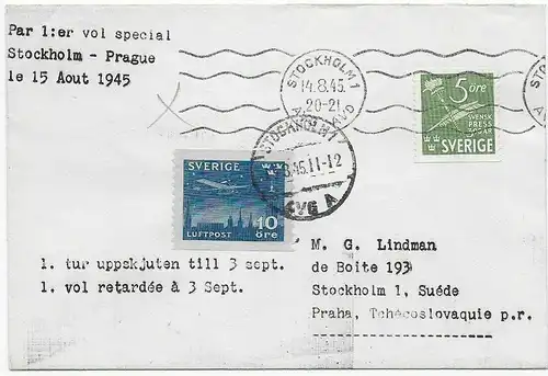 Suède: premier vol 1945: Stockholm - Prague