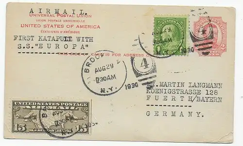 USA: New York: First Katapult with S.S. Europa nach Fürth, 1930