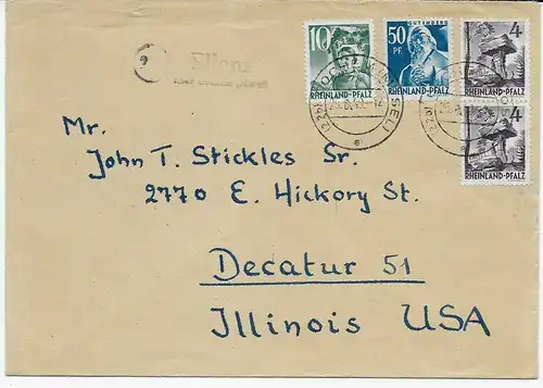 Franz. Zone: 1949 Brief von Ellenz über Cochem/Mosel nach Decatur/Illinois