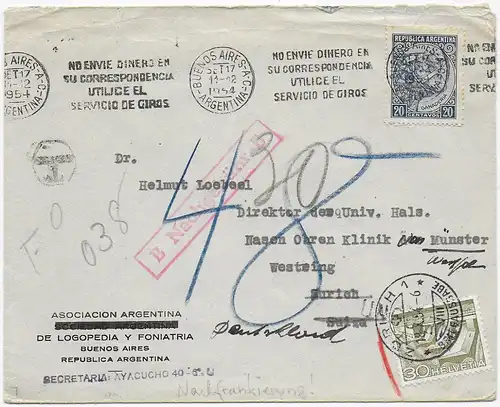 Argentine: Buenos Aires 1954 à Zurich et transfert et frais supplémentaires