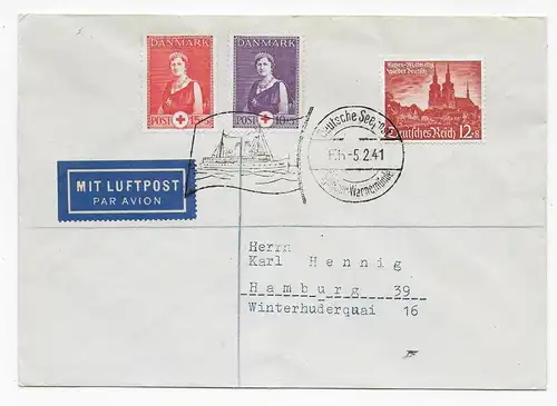 Schiffspost - Deutsche Seepost, 1941, Gjedger-Warnemünde, Henning Hamburg