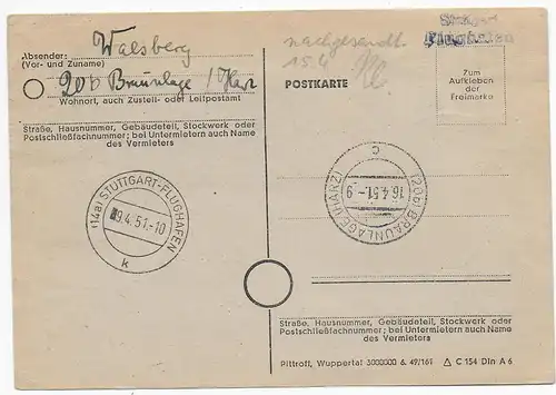 Einschreiben Ballonpost Münster nach Stuttgart 1951, Weiter nach Braunlage/Harz.