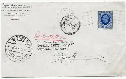 Edgware Middlesex. to Guyaquil/Ecuador - Weiterleitung nach Quito 1936