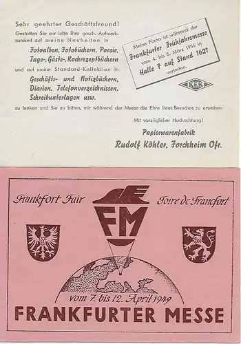 2x Cartes publicitaires: Frankfurter Messe 1949 et 1956 (Forchheim, Papierwarenfabrik)