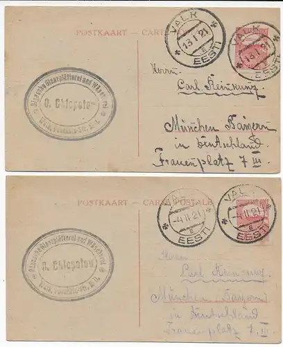 Estonie: 2x carte postale Waik/Valk, 1921 à Munich