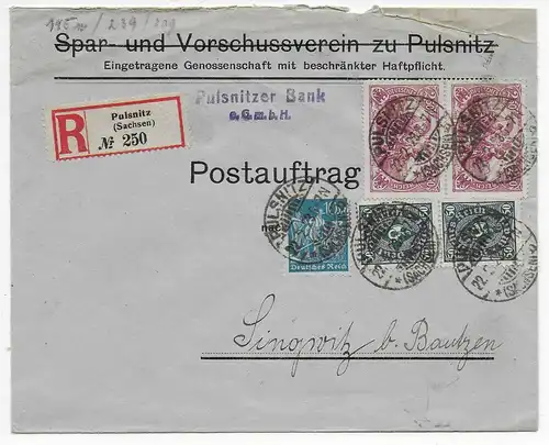 Postauftrag als Einschreiben, Pulsnitzer Bank nach Singwitz/Bautzen 1923