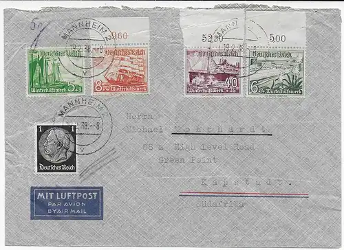 Luftpost 1938 Mannheim/Ludwigshafen - Südafrika/Kapstadt-Sondermarken Oberrand