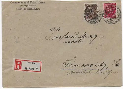 Inscription Dresden Commerzbank à Singwitz, Perfin (Lochung), 1923