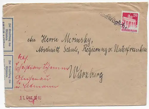 Amtlich geöffnet Nürnberg/Fürth, 1948 und nachträglich entwertet, nach Würzburg