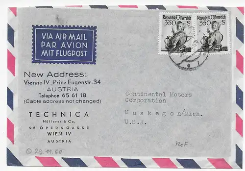 Luftpost mit MeF Wien nach Muskegon/Mich. USA, 1960