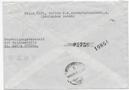 Einschreiben Berlin nach Bukarest, 1939, rücks. Genehmigungsbescheid